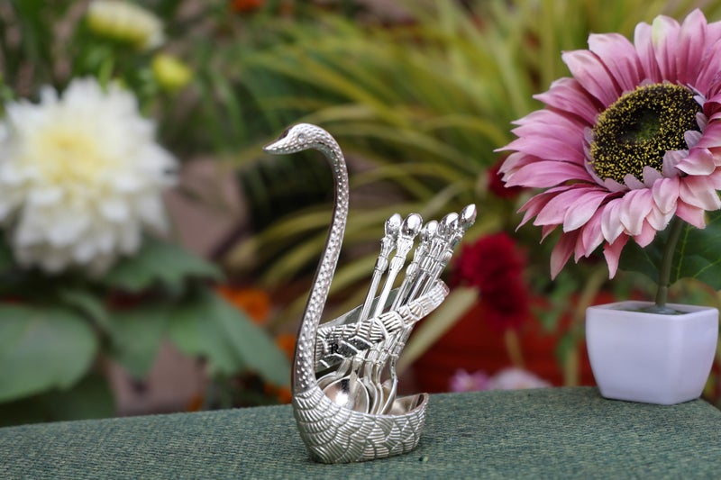 Rustic Relics Swan Baby Spoon Set - 6Pcs Spoons with Stand | Silver Polished Metal Made Beautiful Cutlary Showpiece Set | Dining Table Décor - Silver Finish - Image 2