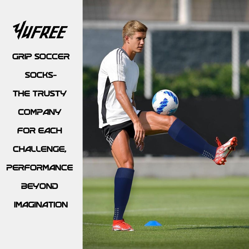 Yufree Mens Knee High Grip Soccer Socks Non Slip Long Socks for Football Basketball Sports 2 navy blue - Image 2