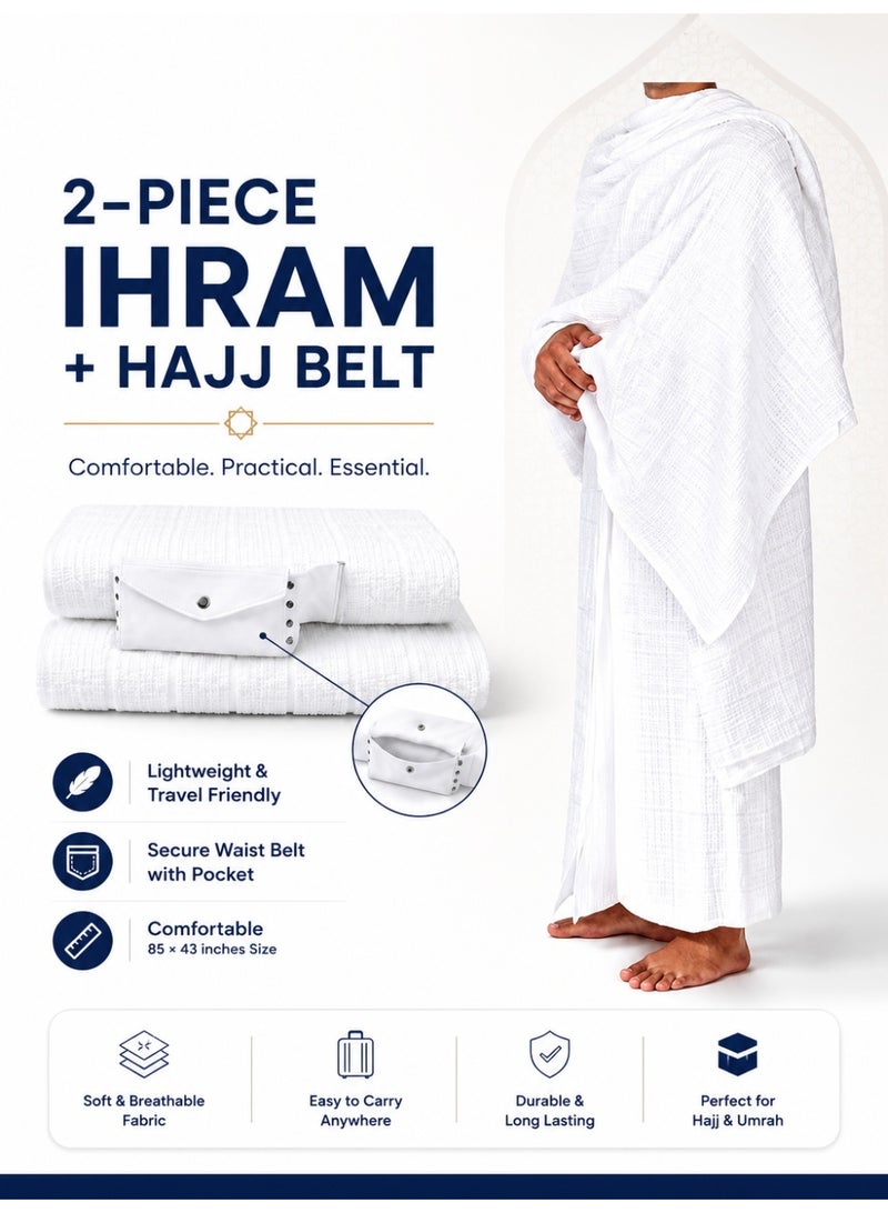 Men’s Ihram for Hajj & Umrah 2 Piece Set with Hajj Belt – Premium Microfiber Ahram Towel, Quick Dry, Lightweight Breathable Islamic Clothing, Travel Waist Belt Pouch,  1000 g, 85 x 43 Inches Each, White - Image 1