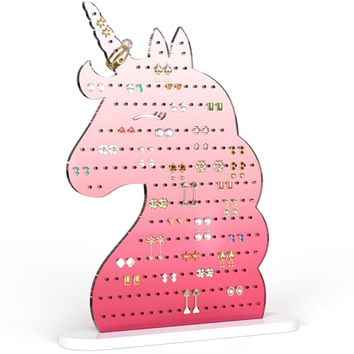 NiHome Acrylic Unicorn Earring Holder with 214 Holes for 80107 Pairs Smiling Unicorn Jewelry Display Stand for Teens and Women Stud Dangle Earring Organizer with AntiSlip Pads Gradient Pink - Image 1