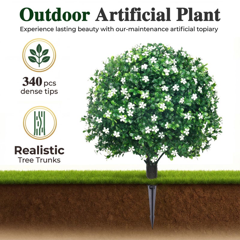 PATIO CHOICE Artificial Topiary Boxwood Ball Trees with Ground Spike Set of 2 22" Outdoor Faux Plants Realistic Fake Bushes Lifelike Shrubs Decorations for Outdoor Indoor Front Porch Garden (White, 22in) - Image 2