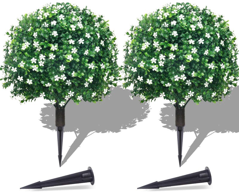 PATIO CHOICE Artificial Topiary Boxwood Ball Trees with Ground Spike Set of 2 22" Outdoor Faux Plants Realistic Fake Bushes Lifelike Shrubs Decorations for Outdoor Indoor Front Porch Garden (White, 22in) - Image 1