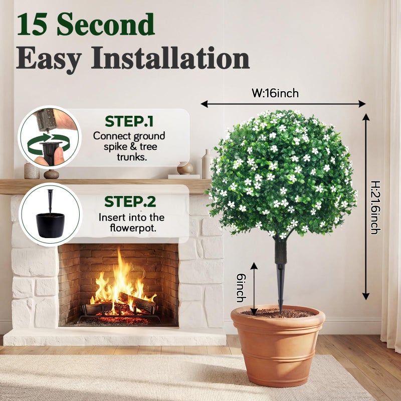 PATIO CHOICE Artificial Topiary Boxwood Ball Trees with Ground Spike Set of 2 22" Outdoor Faux Plants Realistic Fake Bushes Lifelike Shrubs Decorations for Outdoor Indoor Front Porch Garden (White, 22in) - Image 3