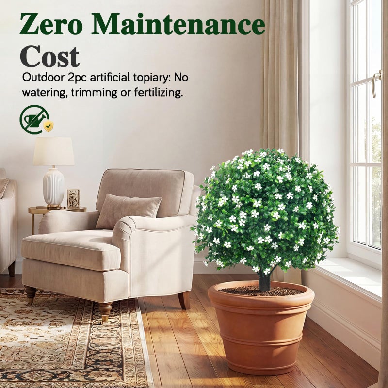 PATIO CHOICE Artificial Topiary Boxwood Ball Trees with Ground Spike Set of 2 22" Outdoor Faux Plants Realistic Fake Bushes Lifelike Shrubs Decorations for Outdoor Indoor Front Porch Garden (White, 22in) - Image 4