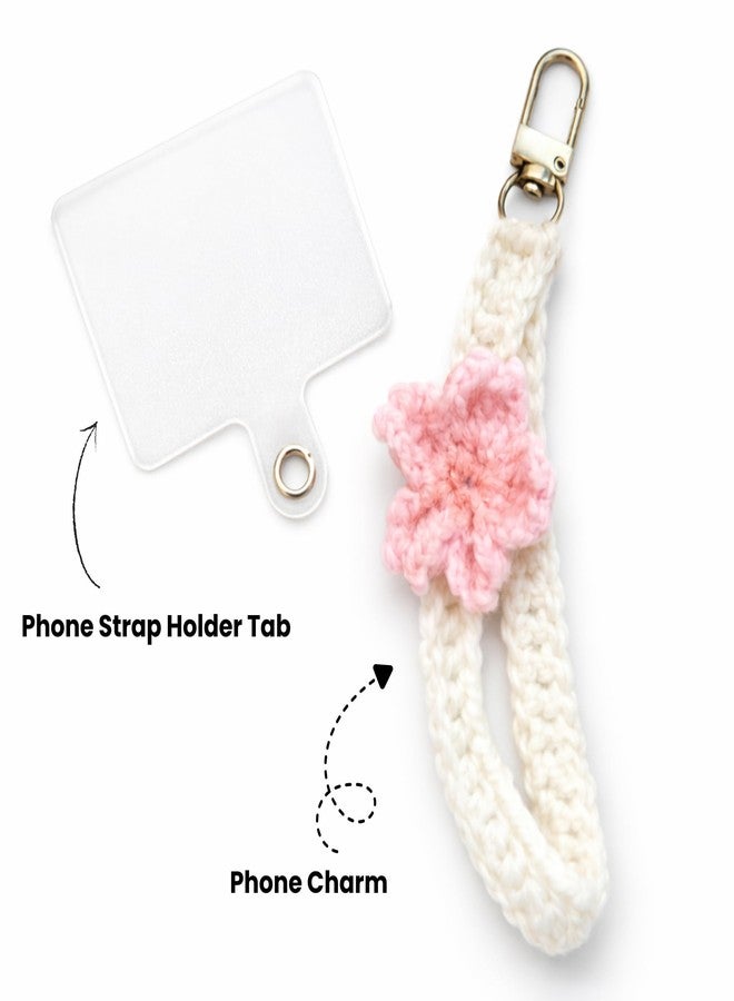 CALVYNORA Handmade Crochet Phone Charm with Pink Flower, White Wrist Strap Keychain with Holder Tab, 14 cm Mobile Accessory, Bag Charm, Keychain for Women and Girls - Image 4