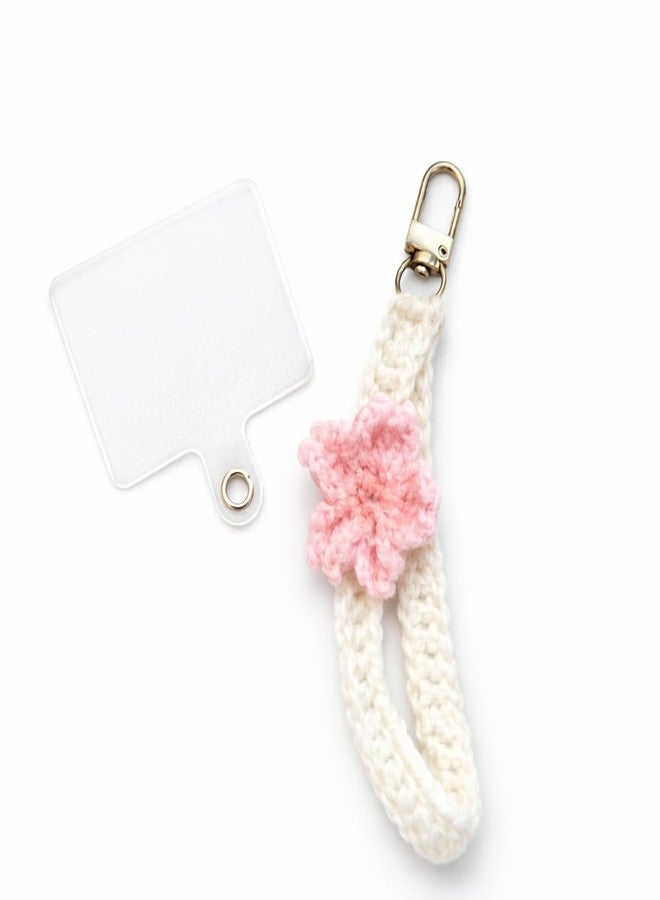 CALVYNORA Handmade Crochet Phone Charm with Pink Flower, White Wrist Strap Keychain with Holder Tab, 14 cm Mobile Accessory, Bag Charm, Keychain for Women and Girls - Image 1