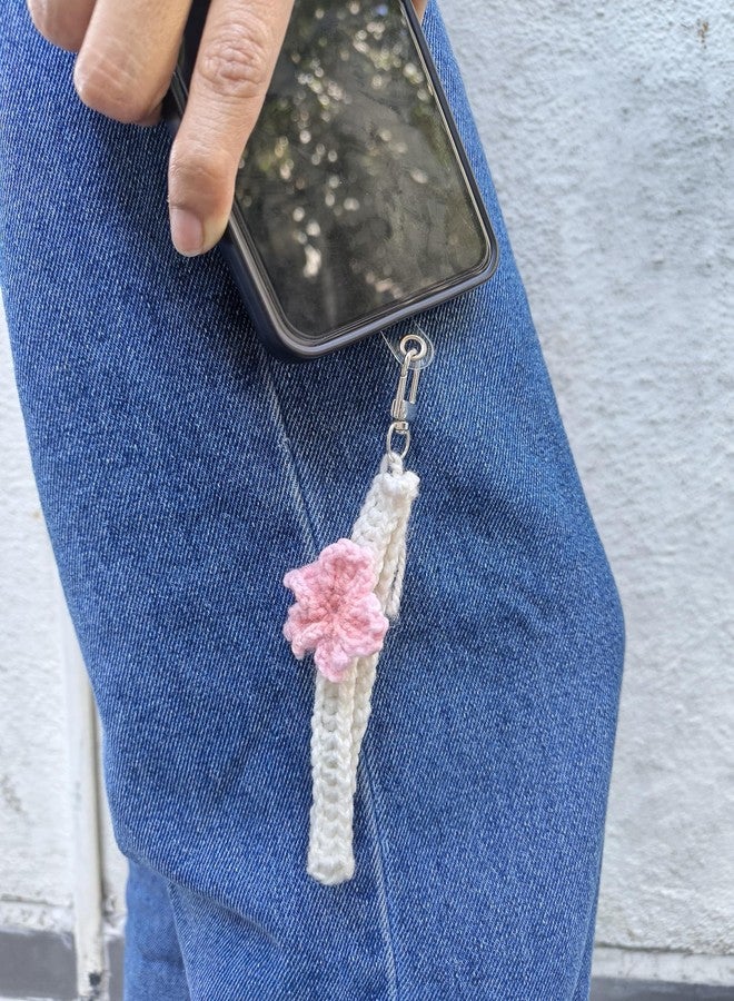 CALVYNORA Handmade Crochet Phone Charm with Pink Flower, White Wrist Strap Keychain with Holder Tab, 14 cm Mobile Accessory, Bag Charm, Keychain for Women and Girls - Image 5