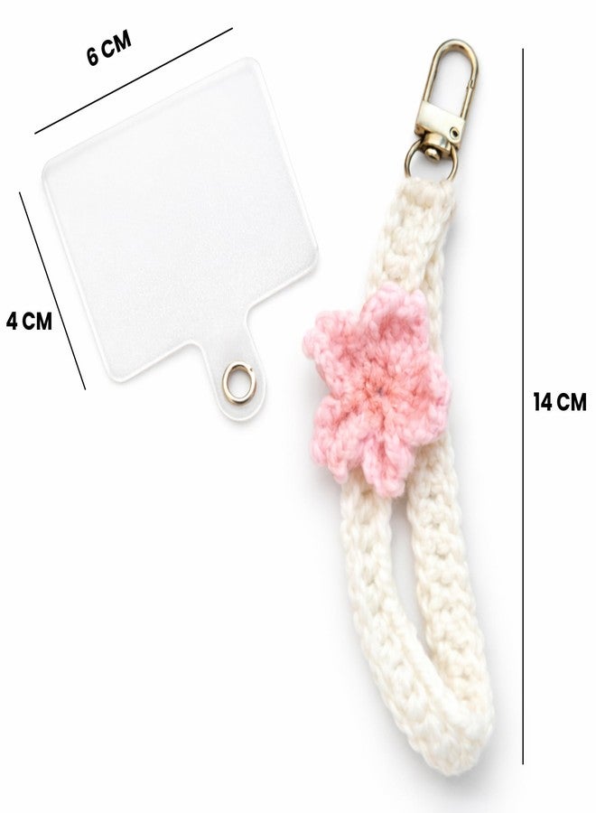 CALVYNORA Handmade Crochet Phone Charm with Pink Flower, White Wrist Strap Keychain with Holder Tab, 14 cm Mobile Accessory, Bag Charm, Keychain for Women and Girls - Image 2
