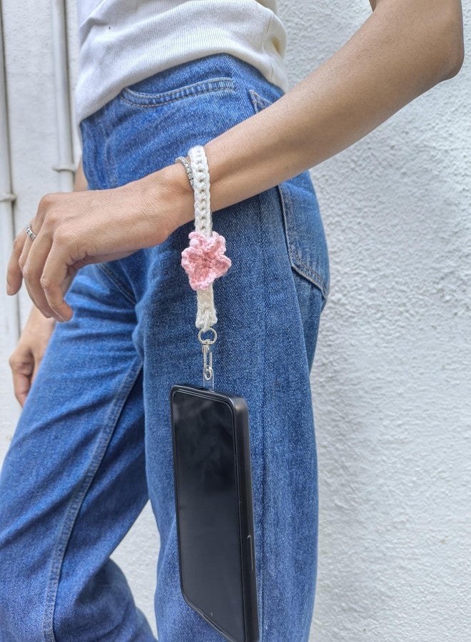 CALVYNORA Handmade Crochet Phone Charm with Pink Flower, White Wrist Strap Keychain with Holder Tab, 14 cm Mobile Accessory, Bag Charm, Keychain for Women and Girls - Image 3