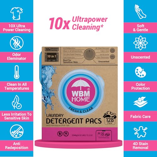 WBM Laundry Detergent Pods, 128 Count | Fresh & Clear Unscented | Laundry Pods 10x Ultrapower Cleaning With Color Protection and Eco-Friendly Packaging - Image 5