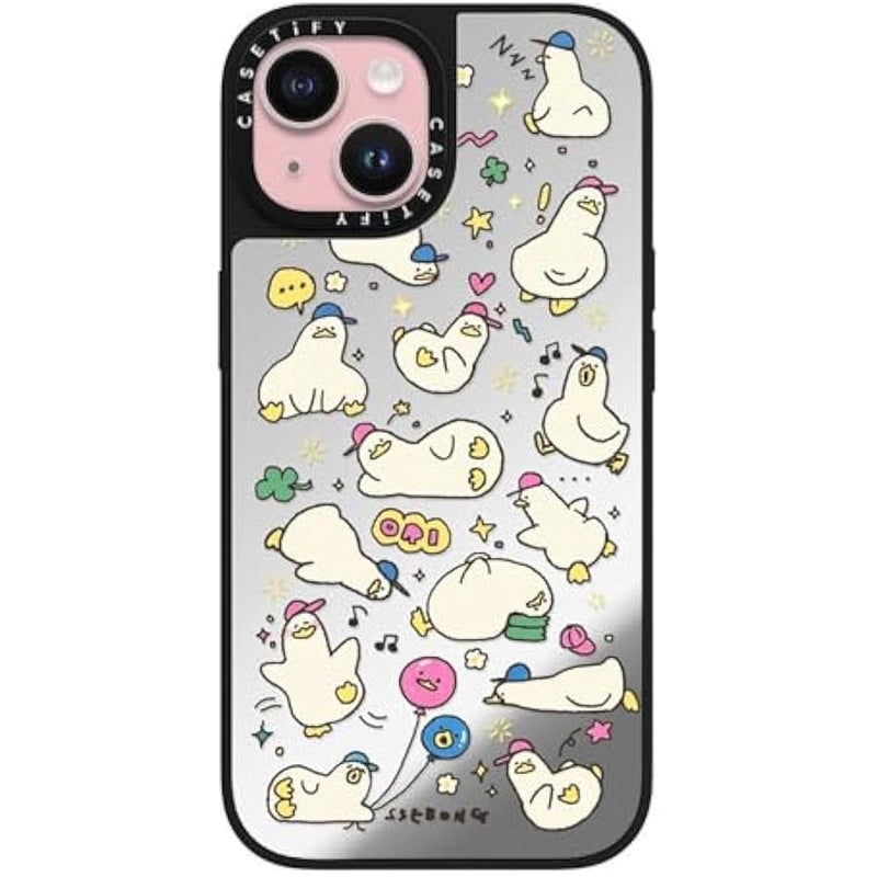 Casetify Mirror iPhone 15 Case 【Reflective / 4.9ft Drop Protection/Compatible with Magsafe】 - Ducks - Silver on Black - Image 1