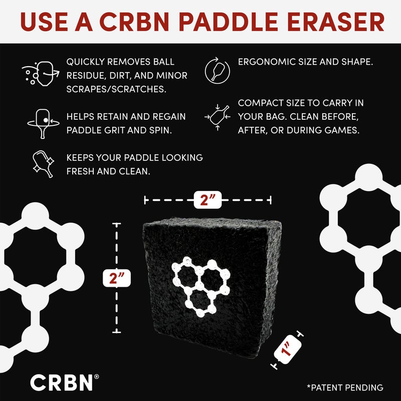 CRBN Pickleball - Paddle Eraser, Best Carbon Fiber Pickle Ball Racket Cleaner, Fast & Easy Rubber Bar to Remove Ball Residue, Dirt, & Minor Scrapes/Scratches - Patent Pending (Black, 1 Pack) - Image 3