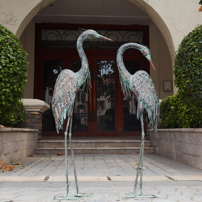 Kircust Garden Crane Statues Standing Metal Patina Heron Decoy Outdoor Statue 4246 Inch Bird Yard Art for Patio Lawn Pond Set of 2