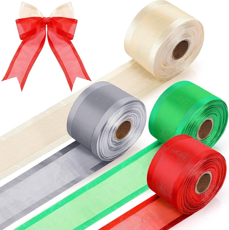 Luinabio 60 Yards Christmas Ribbon Wired Satin Edge Organza 4 Rolls 157 Inch Gold Silver Red Green Wrapping Christmas Decorative Fabric Ribbon for Holiday DIY Craft Wrapping Bouquet Bow Wreath - Image 1