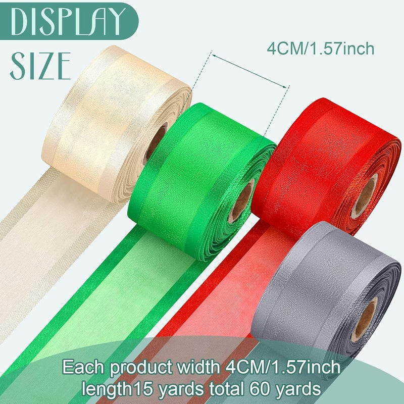 Luinabio 60 Yards Christmas Ribbon Wired Satin Edge Organza 4 Rolls 157 Inch Gold Silver Red Green Wrapping Christmas Decorative Fabric Ribbon for Holiday DIY Craft Wrapping Bouquet Bow Wreath - Image 2