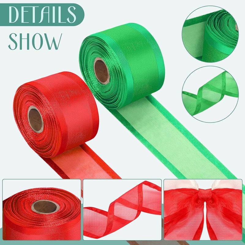 Luinabio 60 Yards Christmas Ribbon Wired Satin Edge Organza 4 Rolls 157 Inch Gold Silver Red Green Wrapping Christmas Decorative Fabric Ribbon for Holiday DIY Craft Wrapping Bouquet Bow Wreath - Image 3