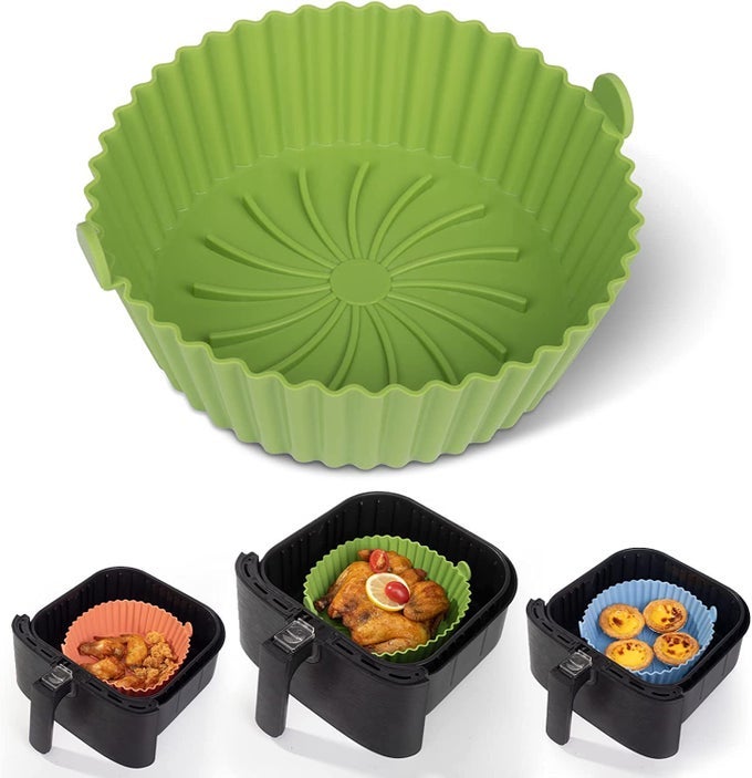 AIR FRYER REUSABLE NONSTICK SILICONE OVEN POT TRAY BASKET WITH EAR HANDLES ACCESSORIES EASY TO CLEAN 65 IN SILICONE LINER WAVE STRIPE TEXTURE EVEN HEAT RESISTANT COMPATIBLE ROUND MULTI