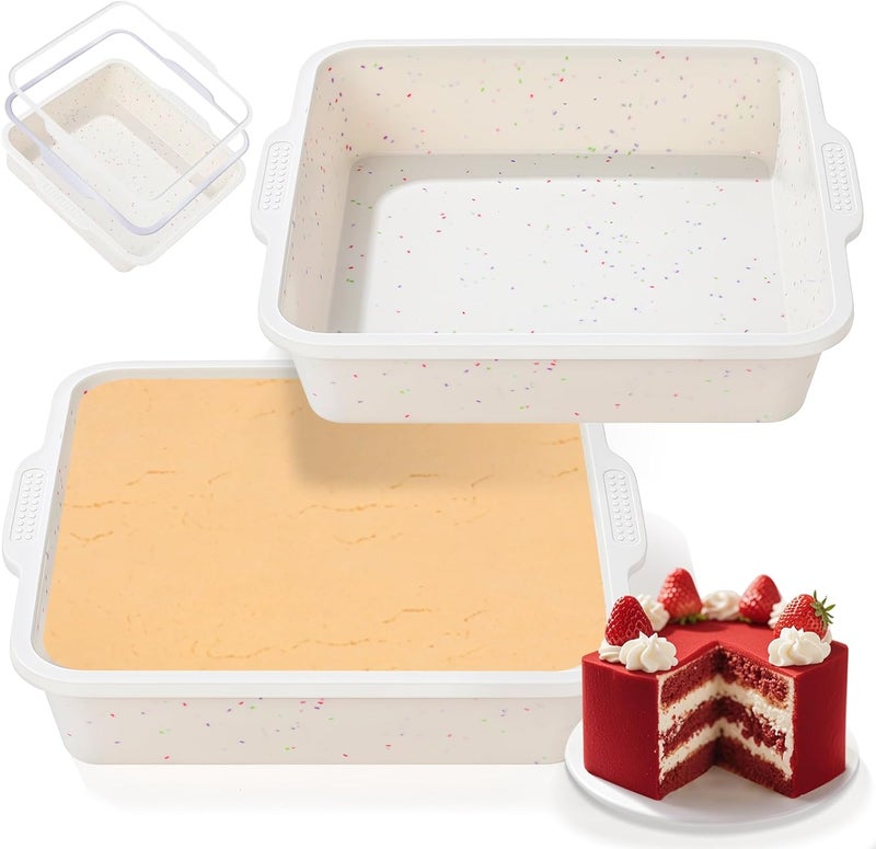 SJ 8 inch Silicone Square Cake Pan with Metal Reinforced Frame Set of 2, Nonstick Silicone Cake Molds BPA Free Suitable for making Cakes Brownies Cheesecakes Pie Bread - Image 1