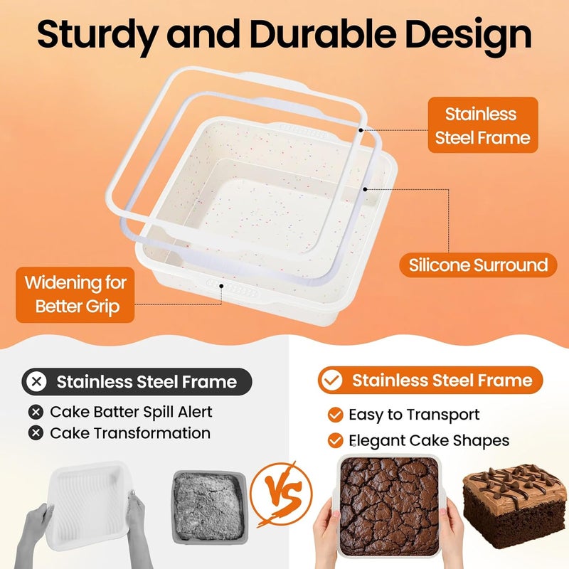 SJ 8 inch Silicone Square Cake Pan with Metal Reinforced Frame Set of 2, Nonstick Silicone Cake Molds BPA Free Suitable for making Cakes Brownies Cheesecakes Pie Bread - Image 3