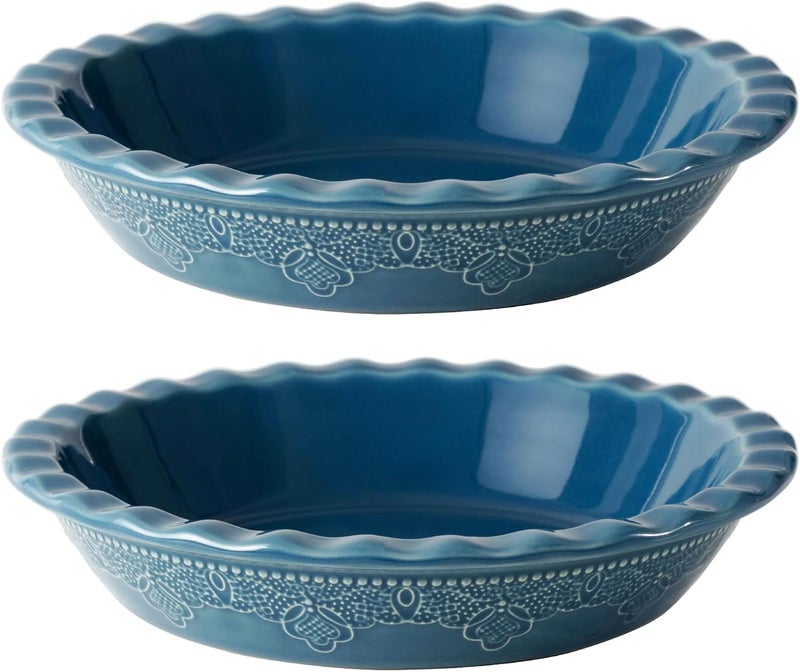 FE FUN ELEMENTS Fun Elements Pie Pan, 9 Inch Ceramic Pie Dish, Deep Dish Pie Pan with Lace Emboss, Ruffled Pie Plate for Baking, Thanksgiving Christmas Gifts, Set of 2, Blue - Image 1