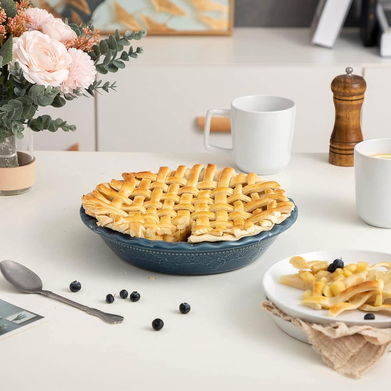 FE FUN ELEMENTS Fun Elements Pie Pan, 9 Inch Ceramic Pie Dish, Deep Dish Pie Pan with Lace Emboss, Ruffled Pie Plate for Baking, Thanksgiving Christmas Gifts, Set of 2, Blue - Image 2