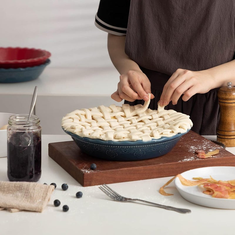 FE FUN ELEMENTS Fun Elements Pie Pan, 9 Inch Ceramic Pie Dish, Deep Dish Pie Pan with Lace Emboss, Ruffled Pie Plate for Baking, Thanksgiving Christmas Gifts, Set of 2, Blue - Image 4