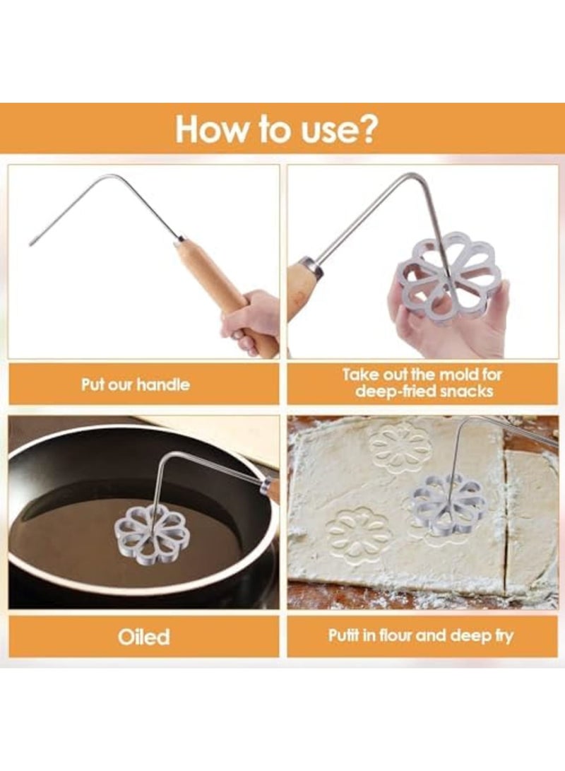 SYOSI مجموعة قوالب الورد، مجموعة صانع كعكة القمع مع مقبض، قالب بسكويت زهرة اللوتس، قوالب حديد الورد المصنوعة من الفولاذ المقاوم للصدأ للقلي العميق، الوجبات الخفيفة التقليدية، الوجبات الاحتفالية، الحلويات الحفلات (7 قطع، فضي) - Image 3