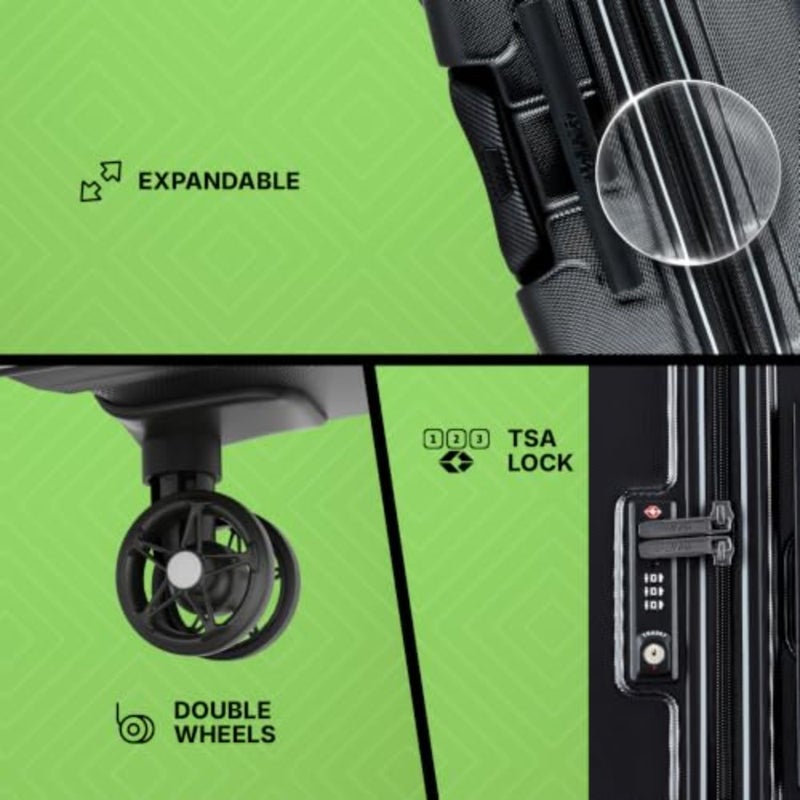 Cabin-size 55 cm suitcase for travel, polycarbonate hard shell, diamond black, ultra-durable with 4 spinner wheels, dual-tube handle, expandable design, and TSA lock - Image 2