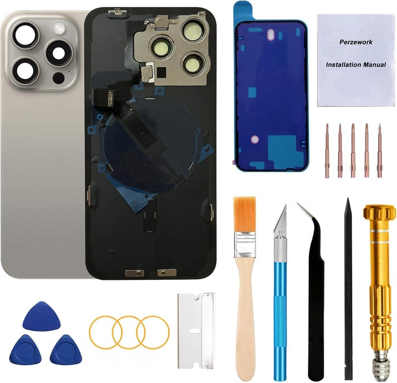 Perzework Rear Back Glass Replacement for iPhone 15 Pro Max 6.7-inches with Reparing Tool Kit and All Necessary Parts (Natural Titanium) - Image 1