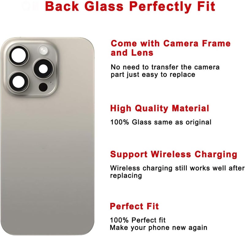 Perzework Rear Back Glass Replacement for iPhone 15 Pro Max 6.7-inches with Reparing Tool Kit and All Necessary Parts (Natural Titanium) - Image 3