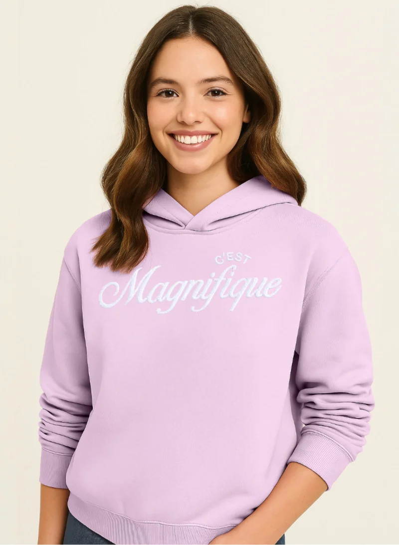 victor and jane “C'est Magnifique” Graphic Hoodie for Ladies – Blush Pink | 100% Cotton Fleece |