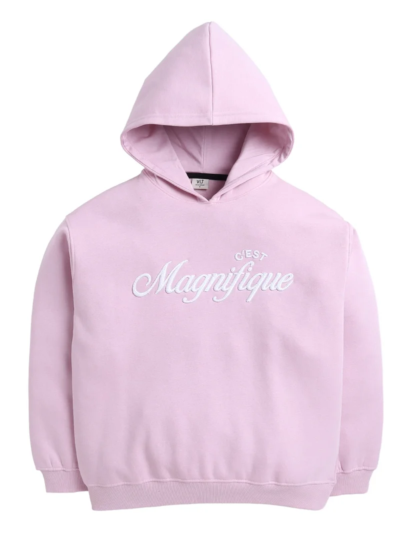 victor and jane “C'est Magnifique” Graphic Hoodie for Ladies – Blush Pink | 100% Cotton Fleece |