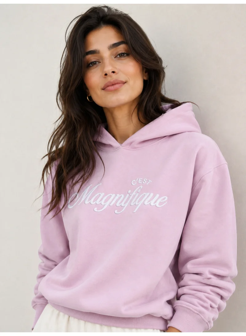 Victor And Jane “C'est Magnifique” Graphic Hoodie for Ladies – Blush Pink | 100% Cotton Fleece |