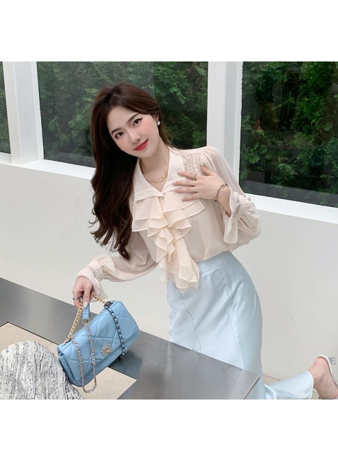 VUELO Connelly_french Retro Double Lotus Leaf Collar Shirt Female Summer Sweet Temperament Chic Top  - Image 4