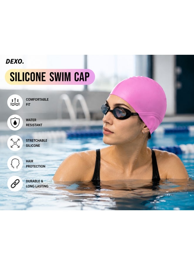 DEXO Silicone Swimming Cap – Stretchable, Comfortable Fit, Non-Slip, Hair Protection Swim Cap For Men & Women, Pink | Sports & Fitness Equipment | Durable Design for Training, Recreation & Everyday Use - Image 2