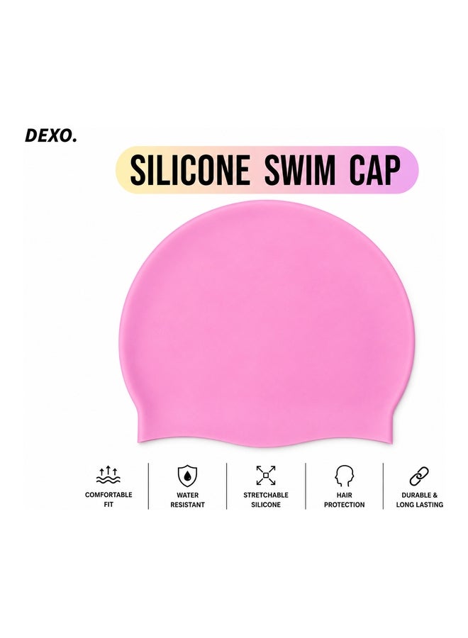 DEXO Silicone Swimming Cap – Stretchable, Comfortable Fit, Non-Slip, Hair Protection Swim Cap For Men & Women, Pink | Sports & Fitness Equipment | Durable Design for Training, Recreation & Everyday Use - Image 1