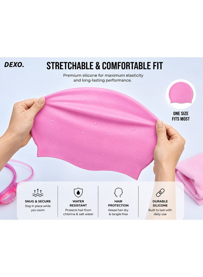 DEXO Silicone Swimming Cap – Stretchable, Comfortable Fit, Non-Slip, Hair Protection Swim Cap For Men & Women, Pink | Sports & Fitness Equipment | Durable Design for Training, Recreation & Everyday Use - Image 3