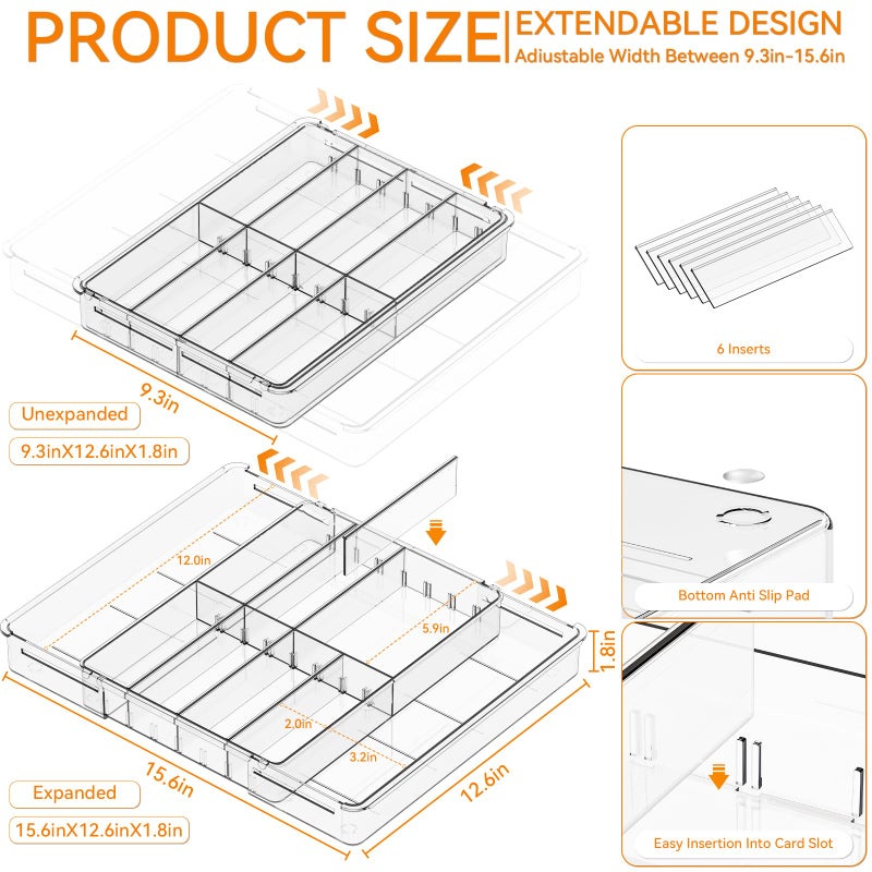 Yieach Expandable Desk Drawer Organizer Tray,1.8 Inch High Junk Drawer Organizer for Kitchen,Clear Shallow Office Drawer Organizers With 10 Compartments for Pencil,Pen,Office Supplies and Accessories - Image 3