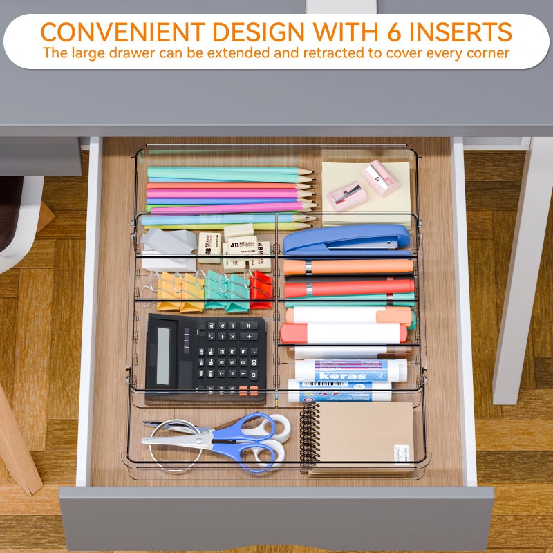 Yieach Expandable Desk Drawer Organizer Tray,1.8 Inch High Junk Drawer Organizer for Kitchen,Clear Shallow Office Drawer Organizers With 10 Compartments for Pencil,Pen,Office Supplies and Accessories - Image 2