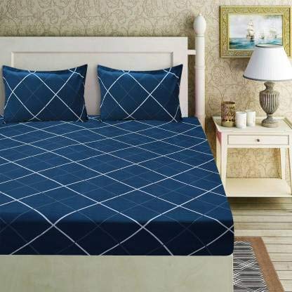 SpangleHomes Spangle Homes 100% Soft Glace Cotton King Size Elastic Fitted Bedsheet With 2 Large Pillow Covers 72X78X10 Inches (Design-Blue Whitelines, Elastic Double) - Image 1
