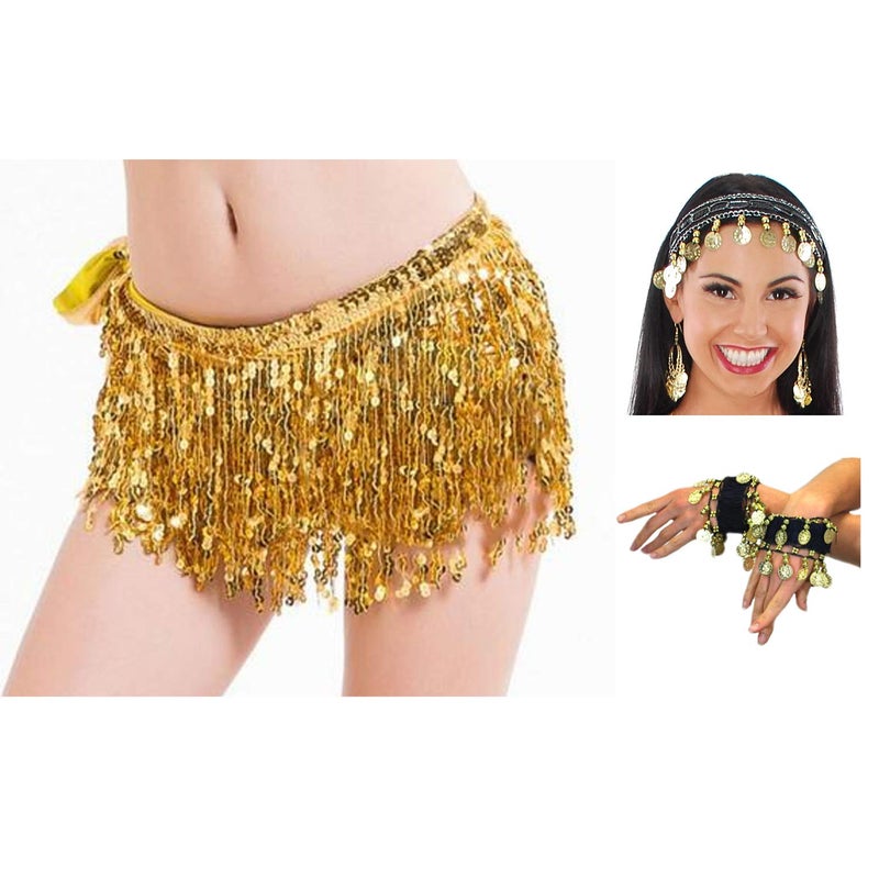 Vritraz Women's Chiffon Belly Dance Hip Scarf Waistband Belt Skirt with Ringy Golden Coins (Pack of 3) - Image 1