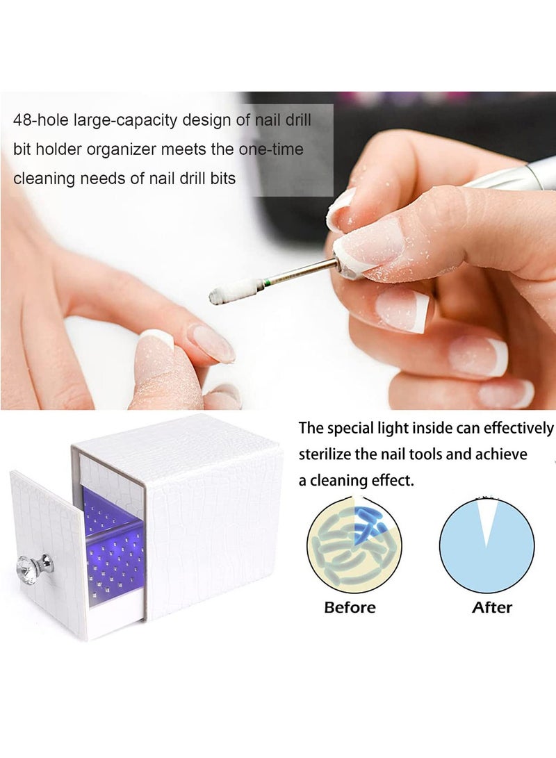 Nail Drill Bit Holder, 48 Holes Stand Display Organizer Nail Drill Grinding Bit Case with Blue UV Light, Dust Proof Nail Polish Head Storage Box with USB Charging for Nail Salon (White) - Image 2