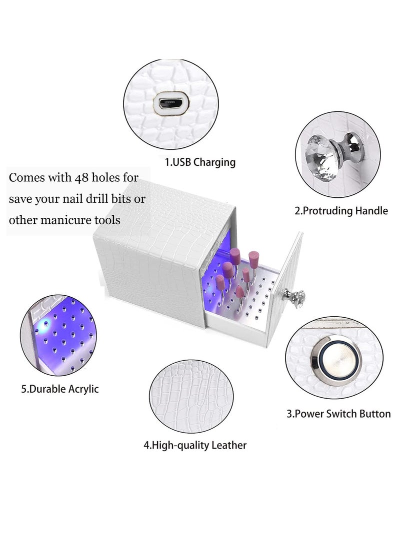 Nail Drill Bit Holder, 48 Holes Stand Display Organizer Nail Drill Grinding Bit Case with Blue UV Light, Dust Proof Nail Polish Head Storage Box with USB Charging for Nail Salon (White) - Image 5