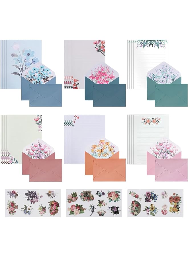 إيروريكس مجموعة ورق الكتابة والمظاريف بتصميم زهور، ورق كتابة رسائل، 24 قطعة، ورق قرطاسية للكتابة مع مجموعة 12 قطعة من المظاريف، مجموعة كتابة رسائل مبطنة مع ملصقات زهور لهدايا الدعوة، 6 أنماط - Image 1