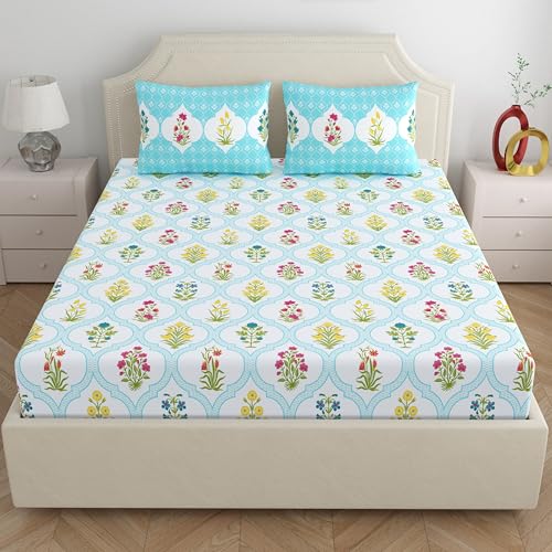 Home Ecstasy 100% Cotton Double Bedsheet with 2 Pillow Covers - (Size 87 x 94 inches, 140 TC, Colour - Blue: Glacial Breeze) - Image 2