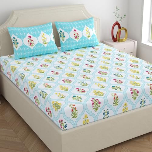 Home Ecstasy 100% Cotton Double Bedsheet with 2 Pillow Covers - (Size 87 x 94 inches, 140 TC, Colour - Blue: Glacial Breeze) - Image 1