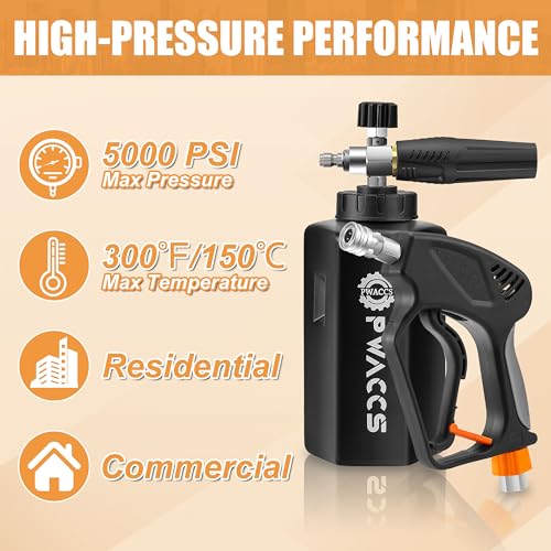 PWACCS Pressure Washer Gun with Foam Cannon, Short Pressure Washer Gun with Swivel, Foam Cannon for Car Wash Gun Kit with 1/4" Quick Connector, 5 Power Washer Nozzle Tips, 1.5 Liter, 5000 PSI - Image 4