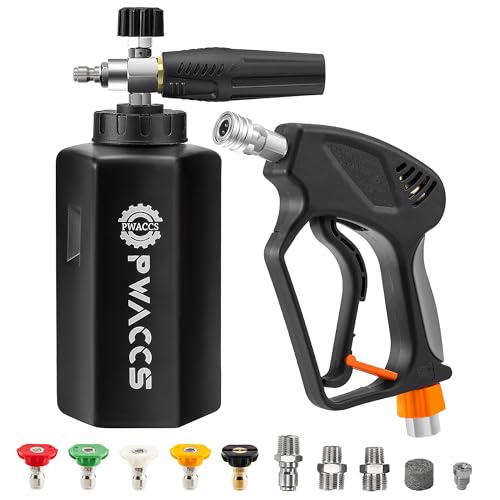 PWACCS Pressure Washer Gun with Foam Cannon, Short Pressure Washer Gun with Swivel, Foam Cannon for Car Wash Gun Kit with 1/4" Quick Connector, 5 Power Washer Nozzle Tips, 1.5 Liter, 5000 PSI - Image 1