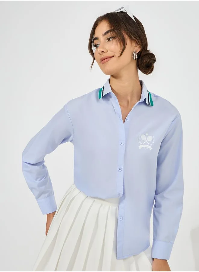 Styli Ribbed Collar Shirt with Minimal Print