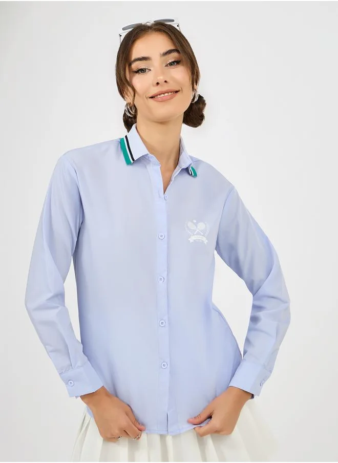 Styli Ribbed Collar Shirt with Minimal Print